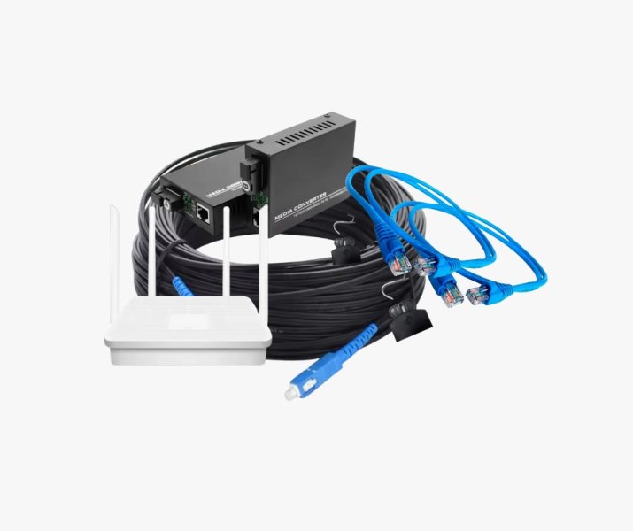 100 Mbps rural expansion kit including router, fiber, patch, and tensioners