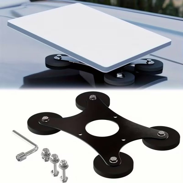 Starlink Mini magnetic car mount shown on a metal surface