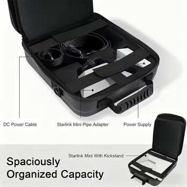 Funda rígida para Starlink Mini abierta mostrando los compartimentos de espuma precortados